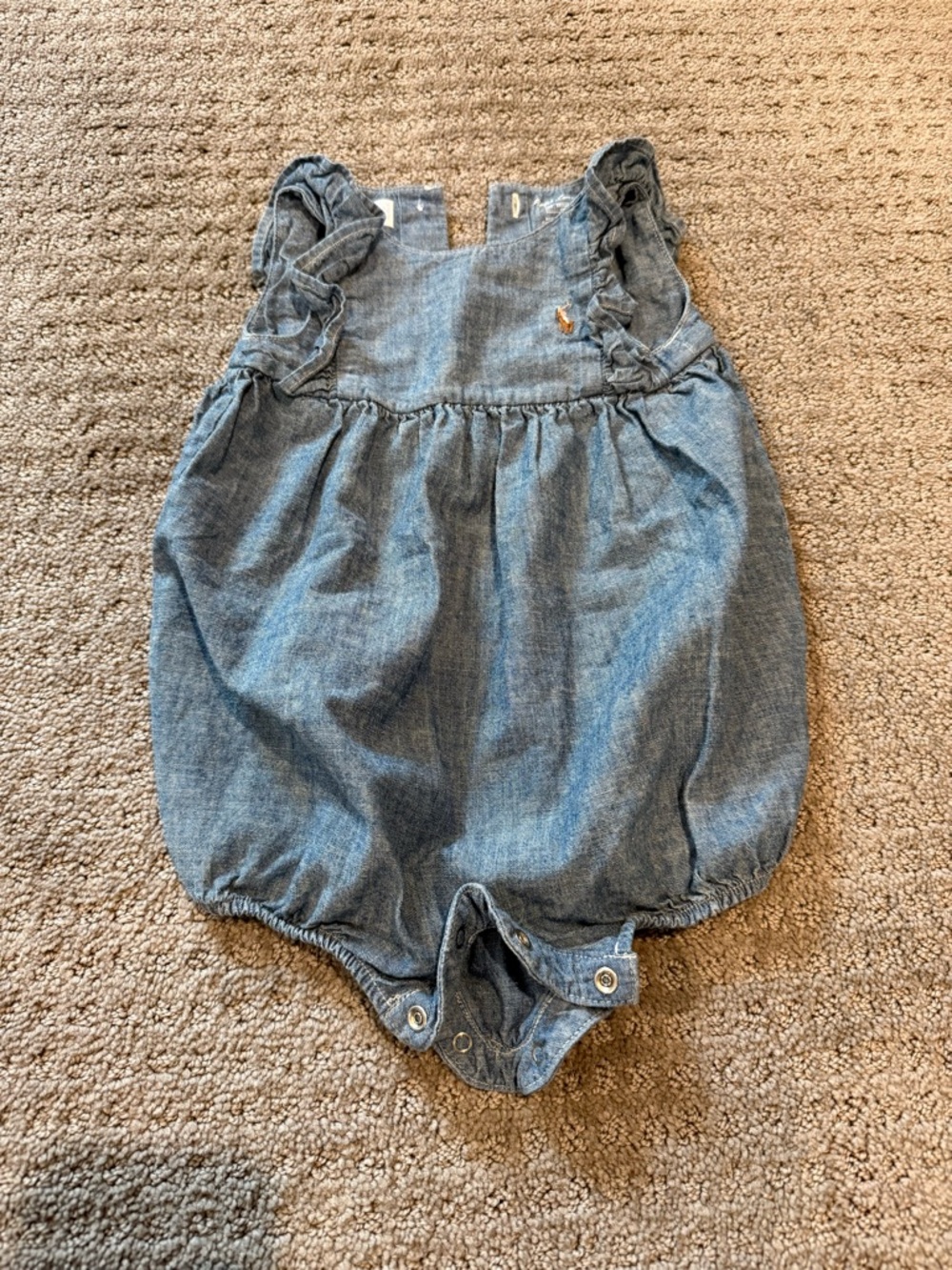 Ralph Lauren Chambray Ruffle Shoulder Bubble Romper in Blue